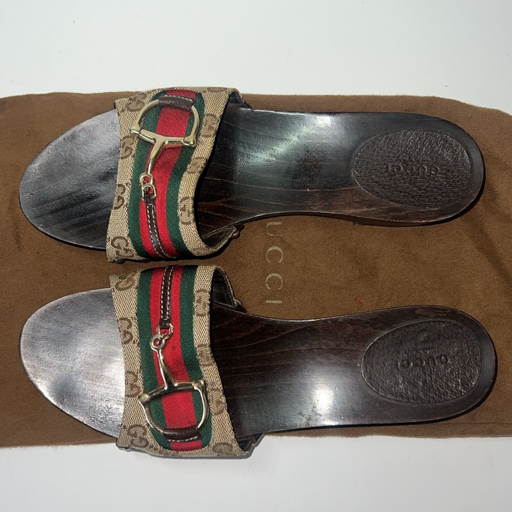 GUCCI Beige/Ebony GG Canvas Signature Web Icon Bit Wood Slide Clog Sandals - Picture 5 of 10